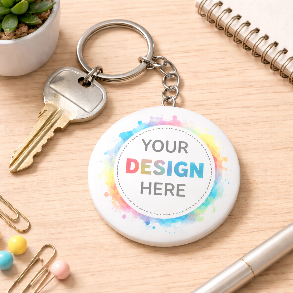 Personalized keychain with 'Your Design Here' text on a wooden surface with stationery items.