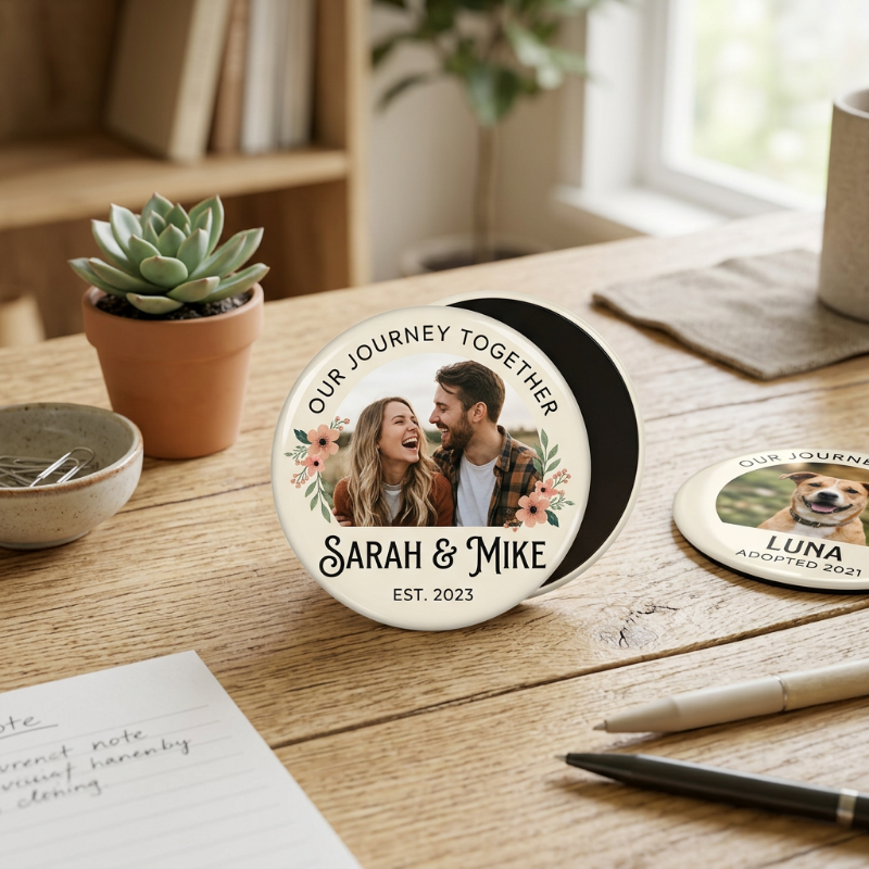 Personalized coaster with a couple's photo and text on a wooden table.