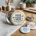 customised circle Pin with text and images on a wooden surface