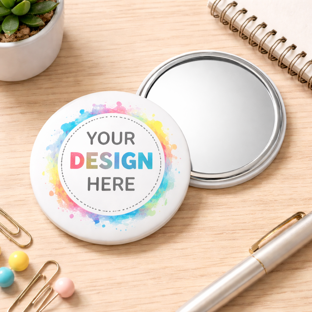 Personalized compact mirror with 'Your Design Here' text on a wooden surface with stationery items.