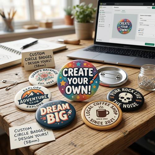 Collection of customised circle Pin on a wooden table with a laptop displaying a design platform.