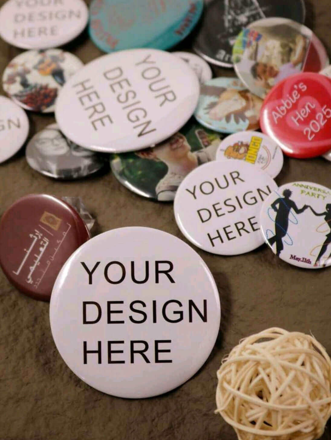 Collection of customised circle Pin with 'Your Design Here' text on a textured surface.